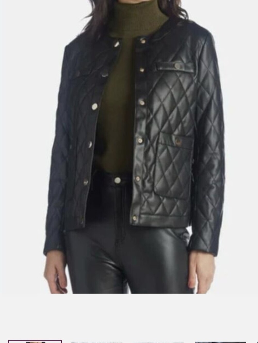 Anne Klein Black Quilted Snap-Front Leather Jacket